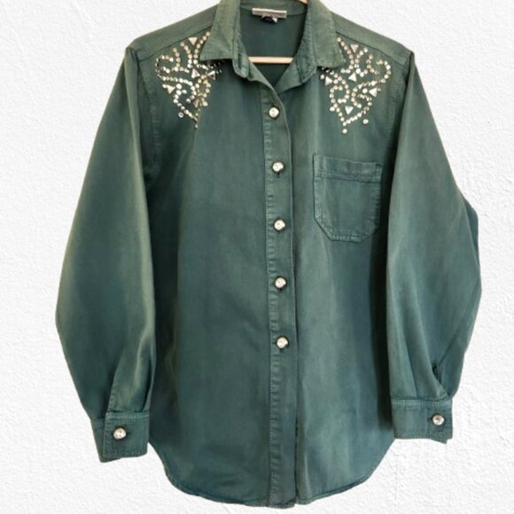 Vintage Monique Fashions Western Blouse, Oversized | 90's Teal Green Denim Shirt - Picture 1 of 12